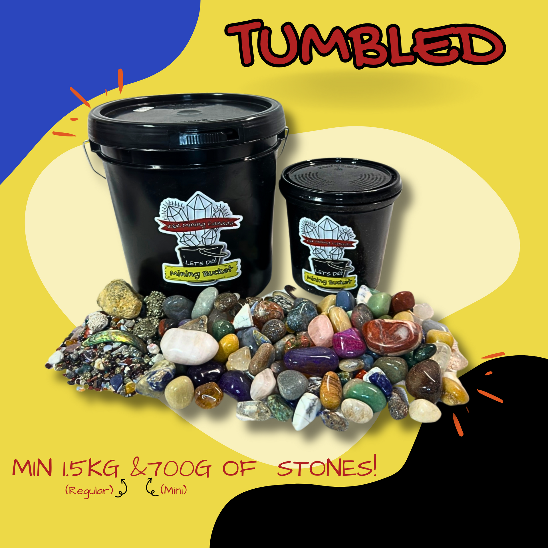 Buried Treasure Gallon Gemstone Mining Bucket - 14 Lbs With Tumbled Stones, Crackable Geode & Mining Kit